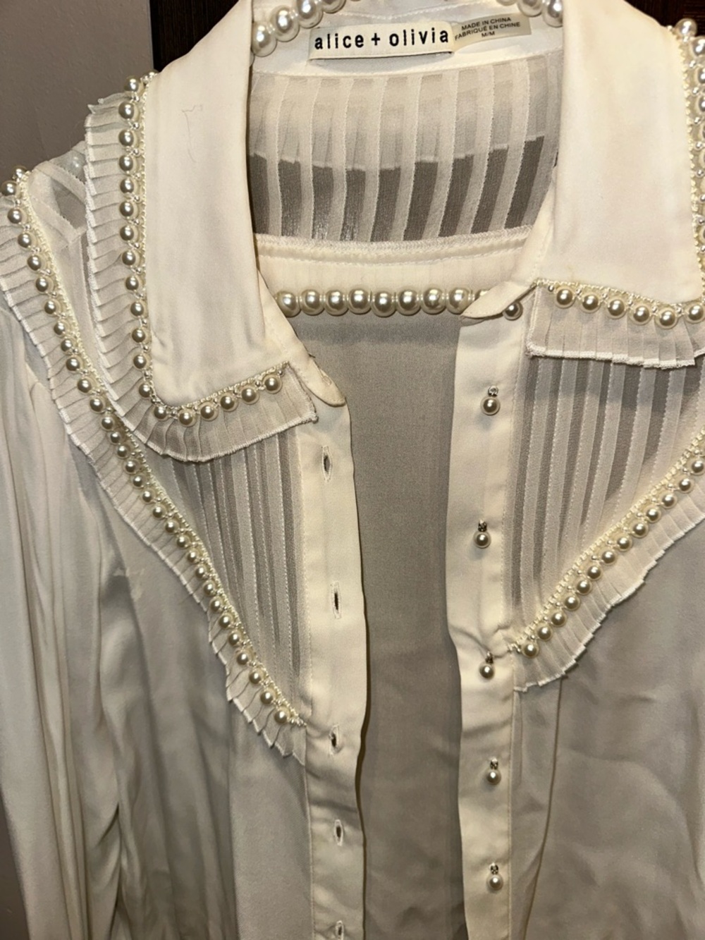 alice + olivia Embellished White Pearl-Trim Blouse M - Picture 2 of 5